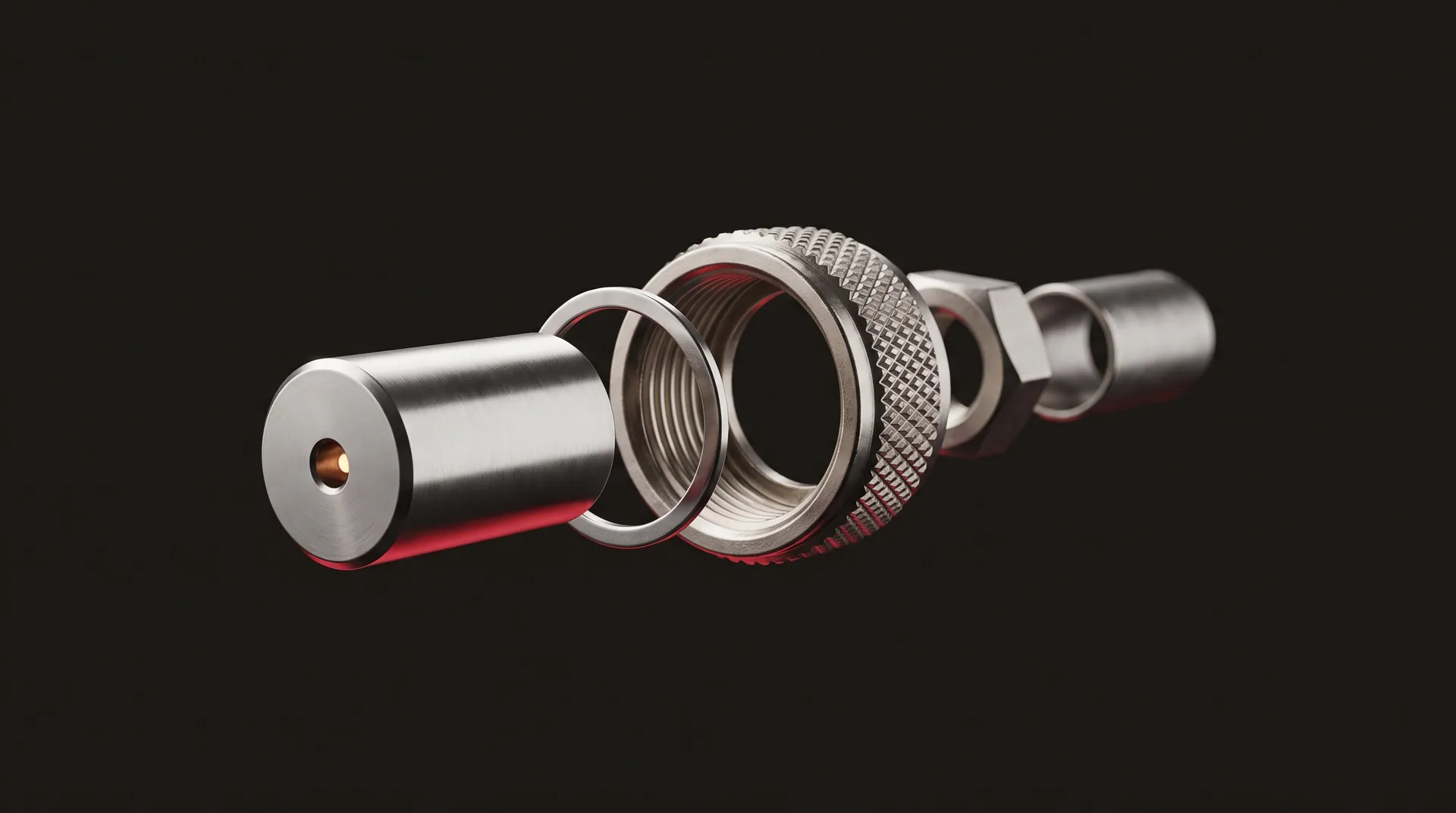 SMA-905-Steckverbinder in Explosionsansicht: Ferrule, Sicherungsring, Überwurfmutter, Sechskant und Knickschutz auf einer Achse (Keyvisual)