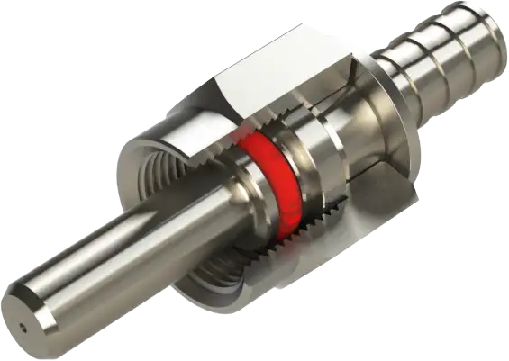 FSMA-905-Stecker im CAD-Schnitt: Metallferrule, Sechskant, Überwurfmutter mit Gewinde und roter O-Ring