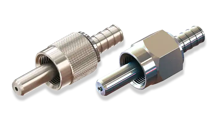 FSMA-905-Stecker von FEMOtech mit Metallferrule, Rändel- und Sechskant-Variante